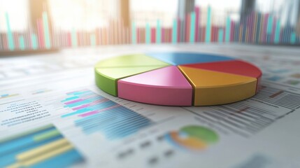 Poster - Colorful pie chart on a financial report with graphs and data analysis in a modern office