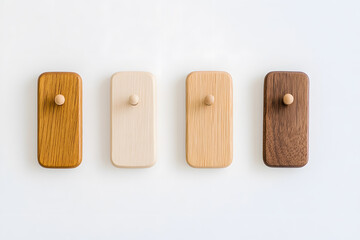 Poster - Four wooden wall hooks of varying shades, featuring a minimalist design. Perfect for organizing with a touch of natural style. Simple, clean, and functional.