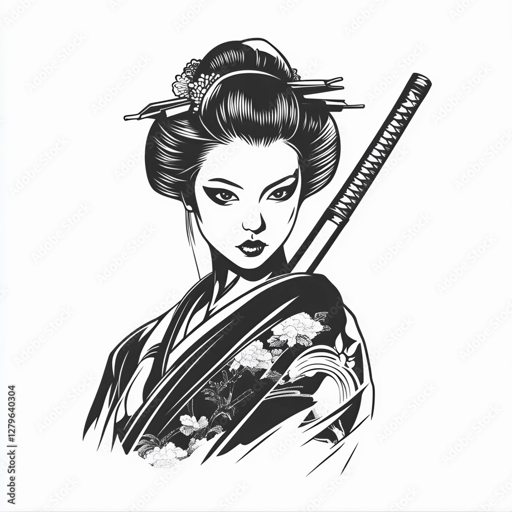 A beautiful Japanese geisha holding a katana in a black and white ink ...