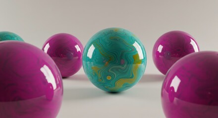 Poster - abstract spheres in focus: a collection of vibrant, glossy spheres in various hues creates a dynamic