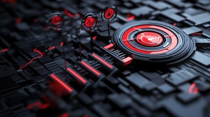 Poster - abstract futuristic design featuring red and black geometric shapes with digital icons and patterns
