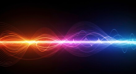 Poster - Abstract Sound Wave: A vibrant and dynamic visual representation of sound waves, with a central line pulsating with energy, flanked by colorful waves on a dark background.