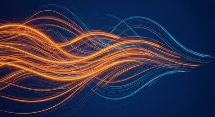 Poster - Abstract Flow: Dynamic streaks of luminous orange and blue light dance across a deep blue canvas, creating a mesmerizing visual symphony of energy and movement.