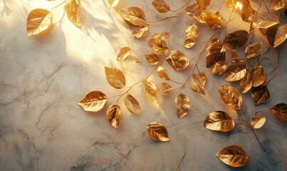 Wall Mural - artistic flat-lay of glowing golden leaves on a neutral surface, softly illuminated by warm sunlight