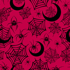 Canvas Print - Seamless illustration black web and spiders with crescent moons on red background