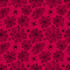 Canvas Print - Seamless pattern black stylized web and spiders on a red background