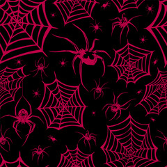 Canvas Print - Seamless illustration red web and spiders on black background