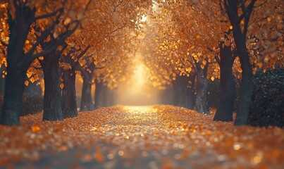 Wall Mural - autumn park with rows of trees glowing in fiery orange and yellow hues, framing a serene walking pat