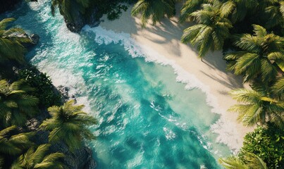 Wall Mural - Aerial view of a tropical beach with crystal-clear turquoise waters, white sandy shore lined with lush green palm trees, vibrant sunlight creating a dreamy coastal scene,