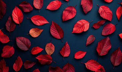Wall Mural - bold flat-lay of vibrant red autumn leaves scattered on a deep blue background, softly illuminated f