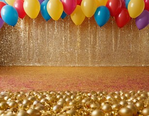 Wall Mural - Vibrant party backdrop with colorful balloons and shimmering golden decorations.