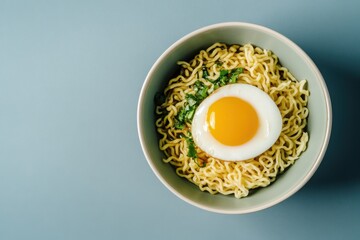 Wall Mural - Bowl of noodles topped with fried egg and green herbs