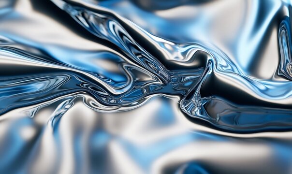 Abstract metallic liquid surface gently flowing and reflecting light, creating a mesmerizing visual effect