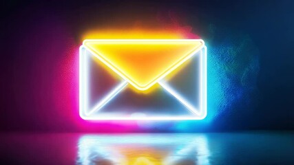 Poster - neon glowing envelope animation in dark room reflecting vibrant colors