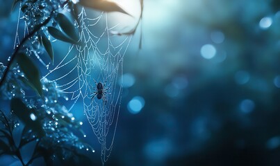 Delicate spider hanging from a web, its intricate details softly illuminated against a blurred natural background for a captivating wildlife macro