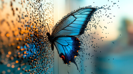Poster - Shimmering Digital Butterfly Emerges From a Tablet, Enchanting the Real World With Its Pixel Beauty