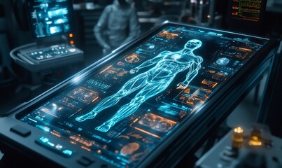 Futuristic medical equipment analyzing human body using holographic interface in operating room