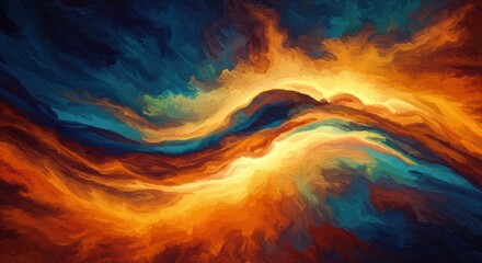 Aufkleber - Celestial Symphony: An abstract artwork depicting a vibrant cosmic dance of fiery orange and deep blue hues, where swirling clouds of color intertwine. 