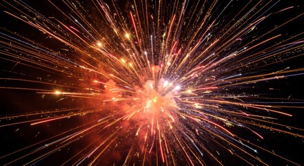 Poster - Fiery Burst of Celebration: A vibrant, dynamic display of fireworks illuminates the night sky, showcasing the explosive energy and artistic beauty of pyrotechnics.