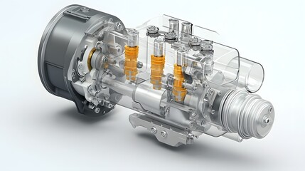 Poster - A Highly Detailed and Transparent Cross Section View of an Air Powered Piston Engine Revealing its Internal Workings and Mechanical Components Such as the Cylinders Crankshaft and Valves
