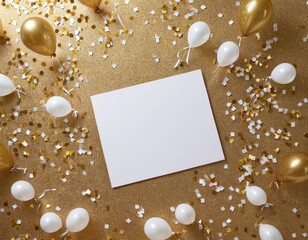 Wall Mural - A festive scene with gold and white balloons surrounding a blank card on a shimmering table.