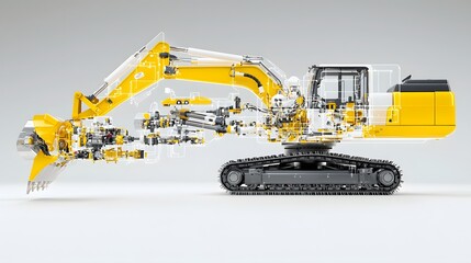 Poster - Detailed view of a construction excavator machine with transparent overlays revealing its complex hydraulic circuits and mechanical engineering