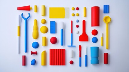 Poster - Colorful arrangement of geometric shapes and objects in primary colors on a white background