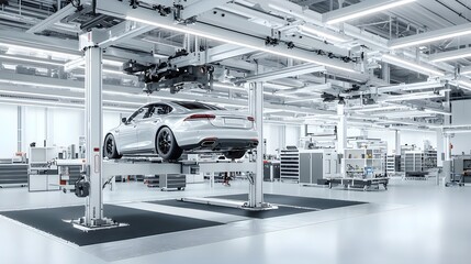 Leinwandbilder - photo showcasing the hydraulic lift mechanism raising a car in the interior of an automotive repair shop  The image highlights the industrial equipment steel and metal components
