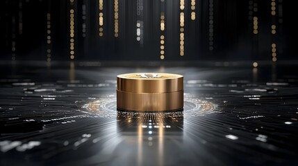 Aufkleber - 3D rendering of a shiny golden Bitcoin cryptocurrency surrounded by a dark digital financial data background  Concept of modern technology virtual currency blockchain and future finance