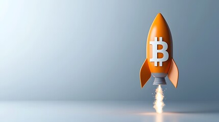 Aufkleber - 3D rendering of the Bitcoin cryptocurrency symbol launching like a rocket representing the growth price increase and momentum of digital currencies and blockchain technology