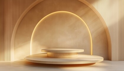 Poster - Gold Pedestal Three Floors With Geometric Shapes For Product Presentation, Stand, And Sale With Circle Curved Platform. Ample Copy Space And High-Quality Rendering Included.