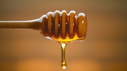 Poster - A close up image of golden honey dripping slowly from a wooden honey dipper set against a warm softly lit background  The honey appears sticky and viscous