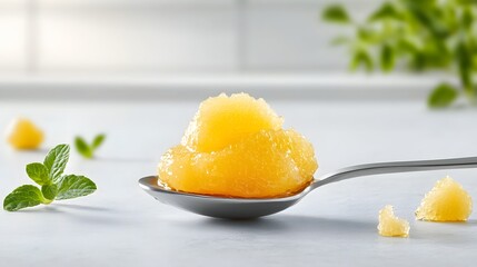 Poster - A close up macro shot of a glistening spoonful of golden natural honey under the warm glow of natural sunlight  The honey has a viscous transparent and glossy appearance