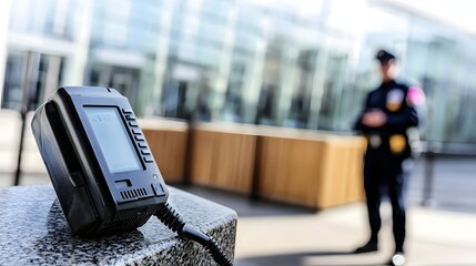 Poster - A close up shot of a walkie talkie device in use by a security guard with a blurred background and professional lighting