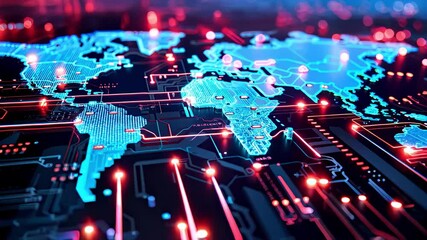 Wall Mural - tech world map, computing global network, artificial intelligence connectivity electronic circuits
