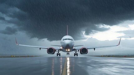 Aufkleber - A commercial airplane descending onto the runway amidst a heavy rainstorm raindrops streaking across the image dramatic dark clouds overhead low visibility cinematic lighting creating a dramatic