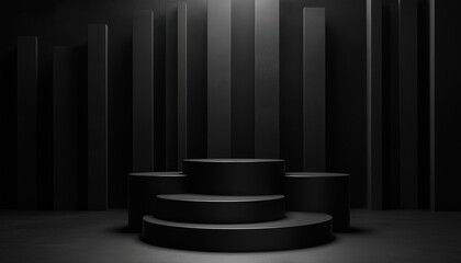 Poster - Geometric Shapes And Dark Black Display Podium On The Floor With Platforms For Product Presentation In A Studio Room Showcasing Products With Ample Copy Space.