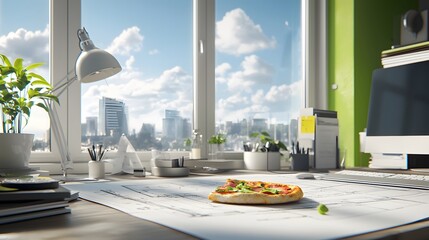 Aufkleber - A delicious piece of pizza resting on a blueprint inside an architect s modern and productive workspace with a view of the city skyline through the window