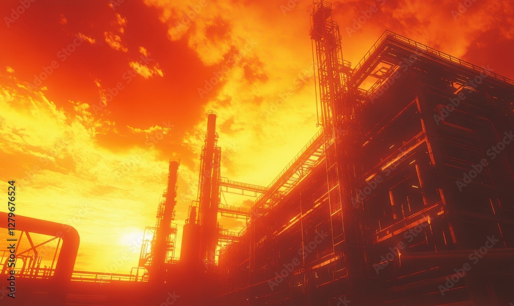 Scenic industrial refinery glowing under vibrant sunset skies with bold ...