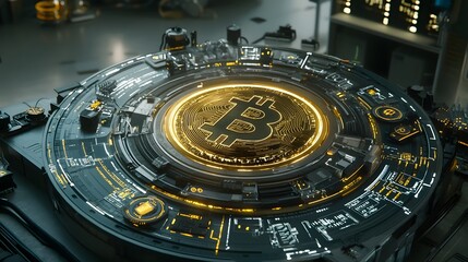 Poster - A Futuristic Golden Bitcoin Surrounded by Digital Financial Data   Concept of Cryptocurrency Blockchain Technology and Future of Digital Finance