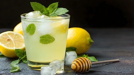 Aufkleber - A glass of refreshing honey lemonade with ice cubes and fresh mint leaves served on a rustic wooden table against a dark background