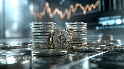 Leinwandbilder - A photo depicting stacks of shiny Bitcoin tokens positioned in the foreground while a rising market chart is visible in the background