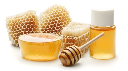 Poster - A photo of a honey based skincare product with honeycomb and propolis in the background showcasing a natural organic beauty advertisement for a luxurious nourishing and rejuvenating self care regime