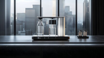 Aufkleber - A photo of a state of the art hydrogen water generator producing antioxidant rich drinking water showcased on a minimalist modern office desk against a futuristic cityscape backdrop
