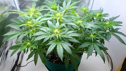 Poster - A photo of a vibrant green cannabis plant thriving under LED grow lights in a controlled indoor cultivation environment