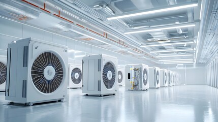 Fototapete - A photo showcasing the advanced air conditioning and cooling system installed within a high tech data center facility  The image depicts the intricate network of ducts compressors fans