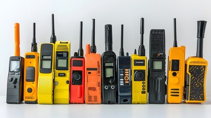 Poster - A photographic composition featuring an array of various colorful walkie talkie devices displayed in a row on a clean white background
