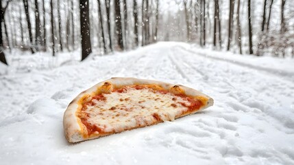 Poster - A tempting slice of pizza rests on a picturesque snow covered path in a serene winter landscape surrounded by a tranquil forest  This cozy and inviting scene captures the beauty of the season