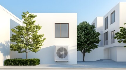Aufkleber - A window air conditioning unit installed in the exterior wall of an urban apartment building  The modern white unit is visible from the outside of the multi story residential structure