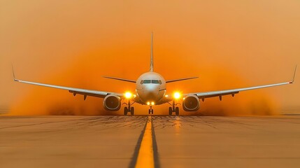 Aufkleber - Aircraft Descending to Land on Runway Surrounded by Thick Orange Haze and Airborne Dust Particles During a Severe Desert Storm Creating an Immersive and Transportation Scene